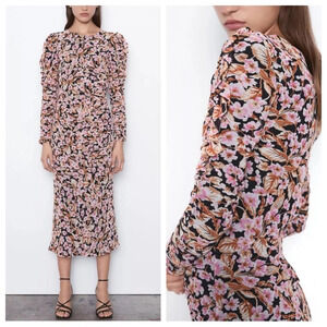 Zara floral print maxi dress pink and black midi ruched gathered 22361